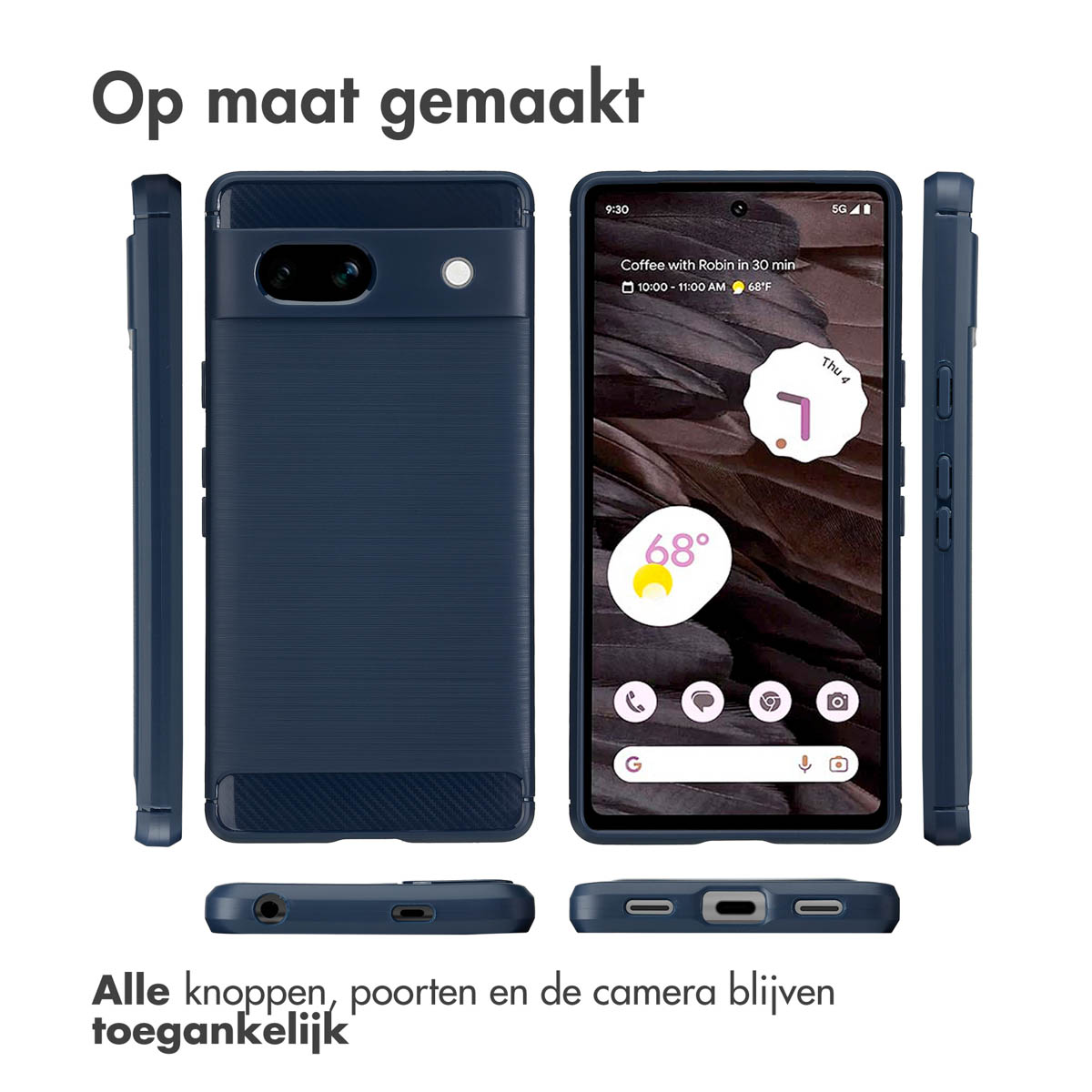 Custodia per telefono blu navy. Ha ritagli per pulsanti, fotocamera e porte. Telefono sullo schermo.