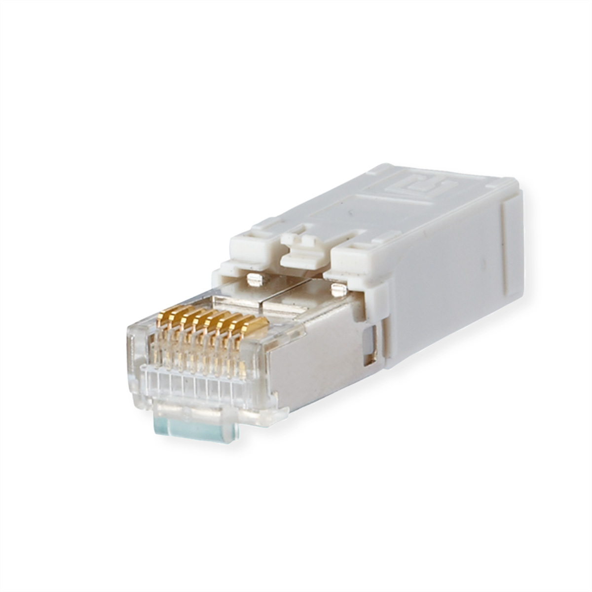 Ein weißer RJ45-Stecker mit goldenen Pins. Er ist in ein Gerät eingesteckt. Weißer Hintergrund.