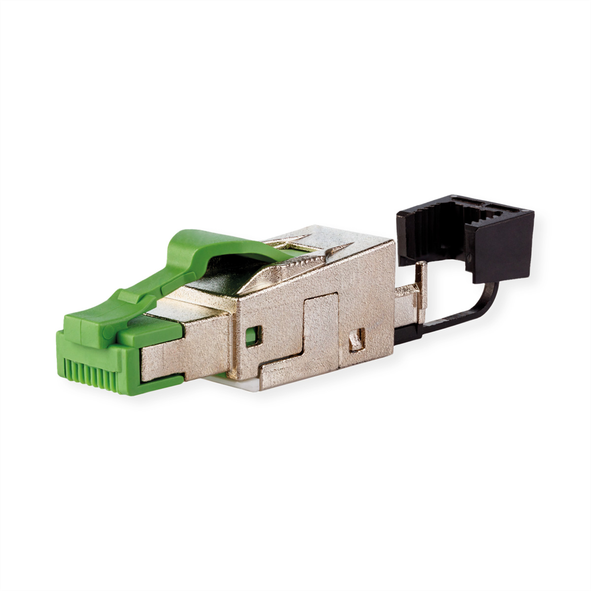 Grüner und silberner Netzwerkanschluss. Schwarzer Stecker. Weißer Hintergrund.