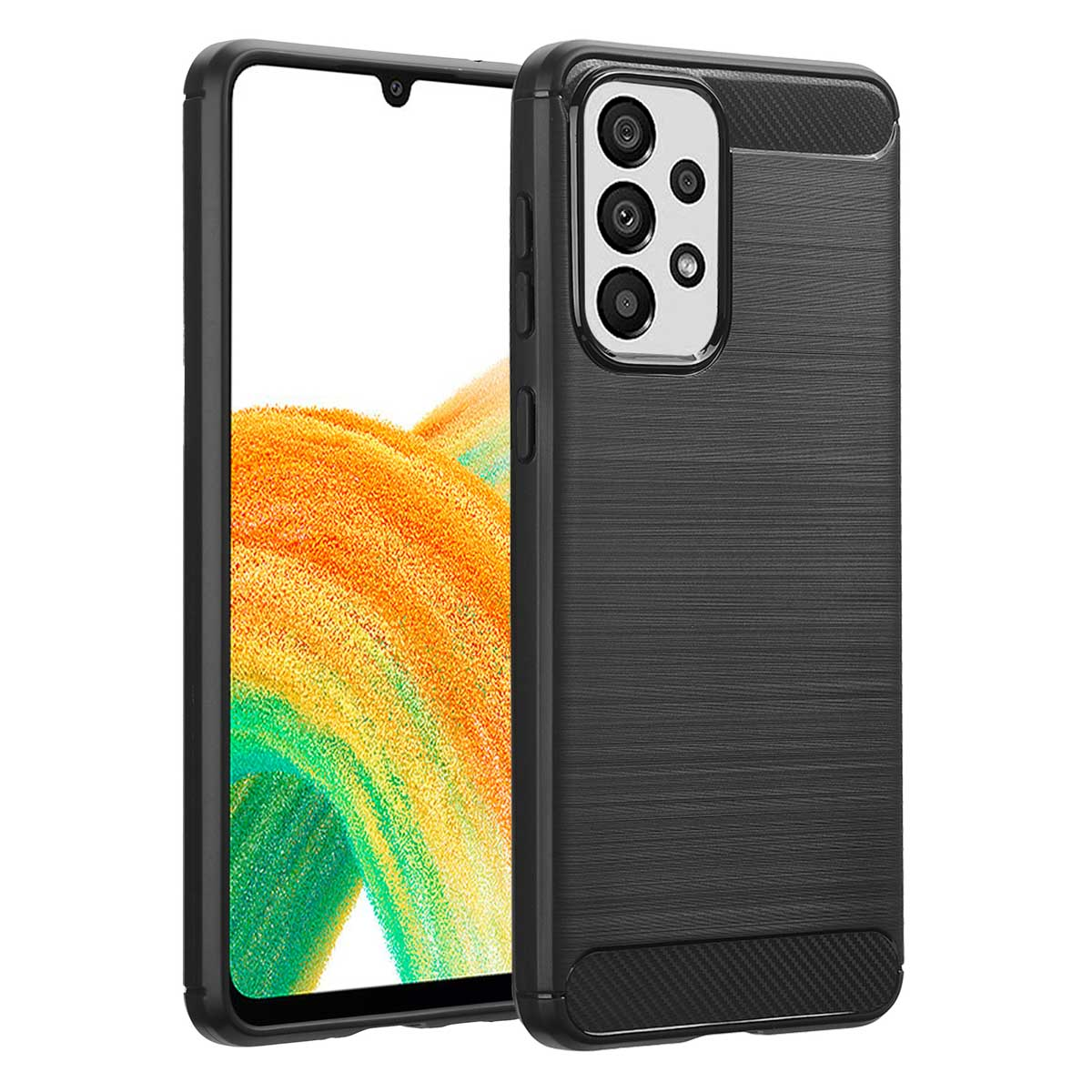 Coque de téléphone noire avec un dos texturé. La coque couvre le téléphone, avec la caméra et l'écran visibles.