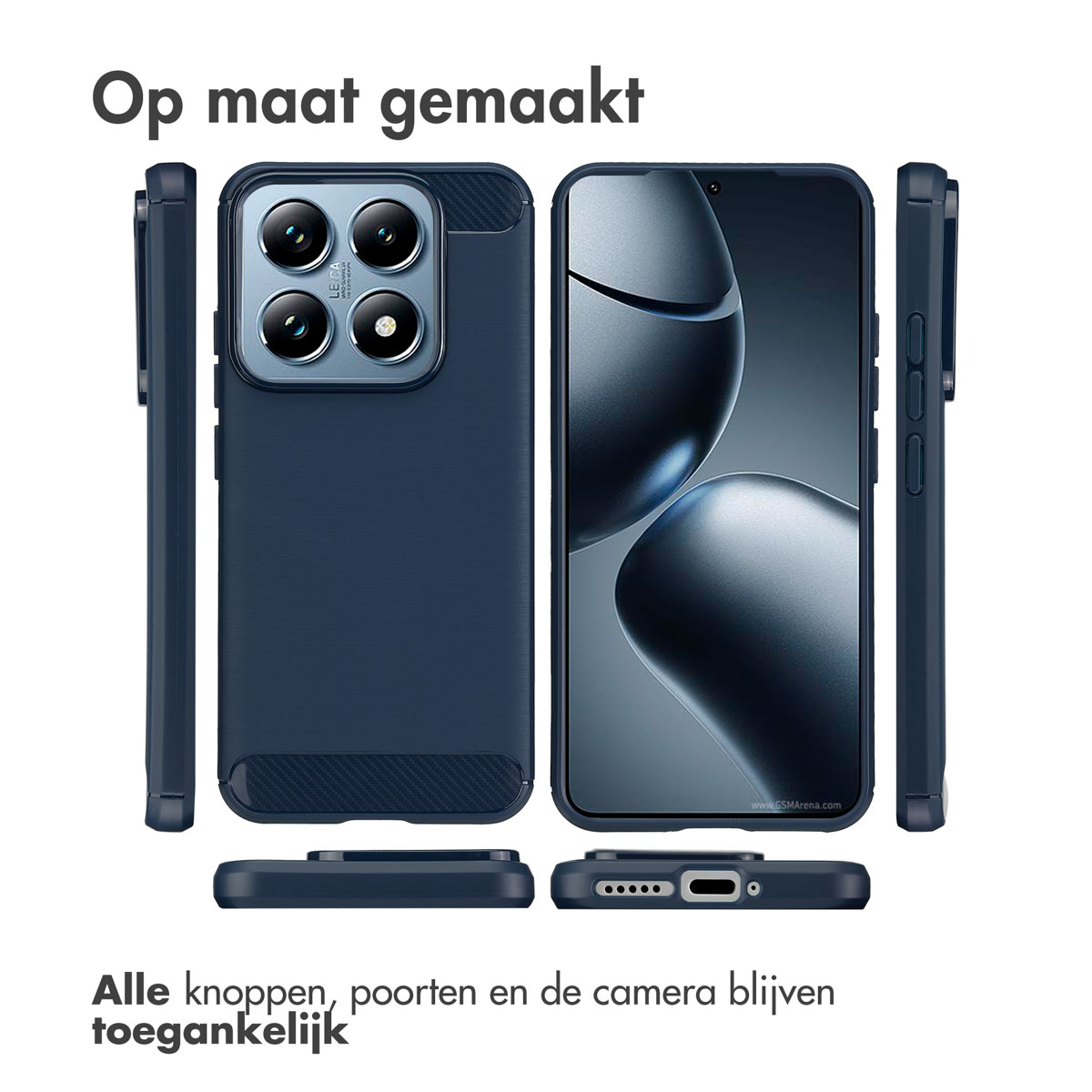 Een blauwe telefoonhoes met een telefoon erin. De telefoonhoes wordt vanuit verschillende hoeken getoond.