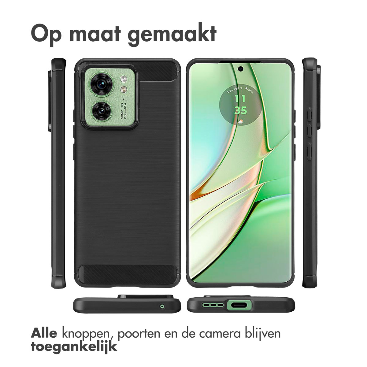 Verschillende weergaven van een zwarte telefoonhoes. De telefoon is in het midden zichtbaar. Tekst bovenaan en onderaan.