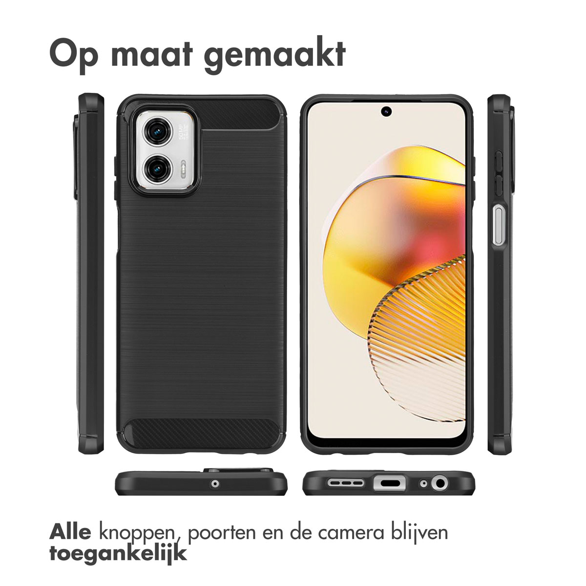 Zwarte telefoonhoes met telefoon. Knoppen, poorten en camera zijn bereikbaar. Productdetails worden uitgelicht.