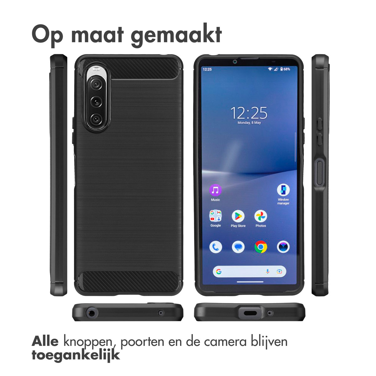 Une coque de téléphone noire avec un téléphone à l'intérieur et un texte qui dit 'Op maat gemaakt' et 'Alle knoppen, poorten... toegankelijk'.