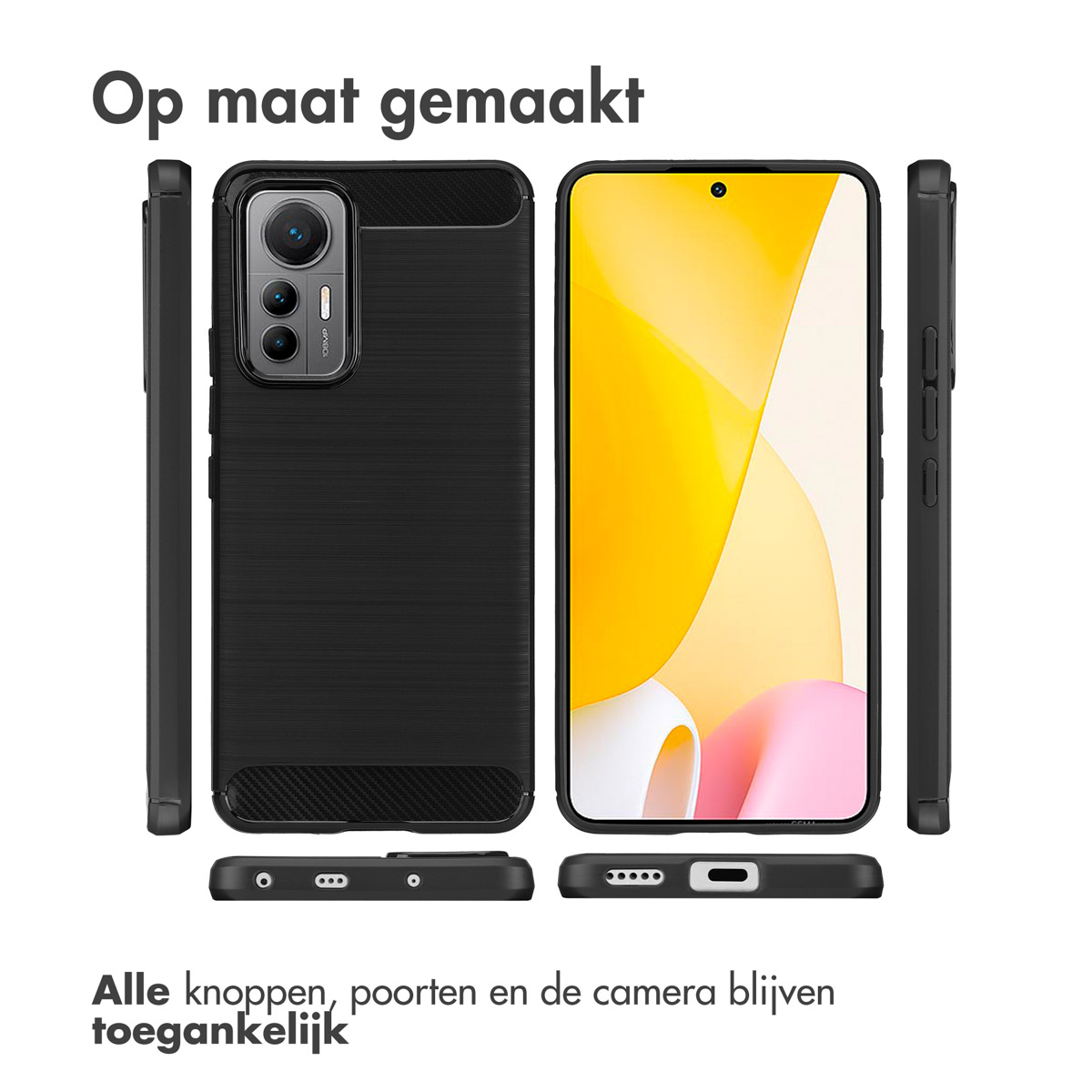 Un étui de téléphone noir sous différents angles. Il recouvre un téléphone.