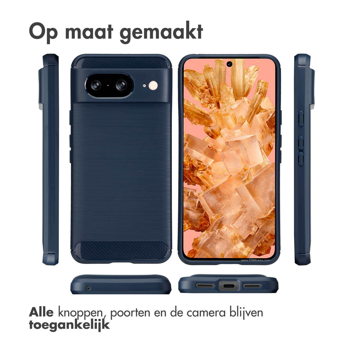 Custodia per telefono blu navy. Più viste, con ritagli per tutti i pulsanti, le porte e la fotocamera.
