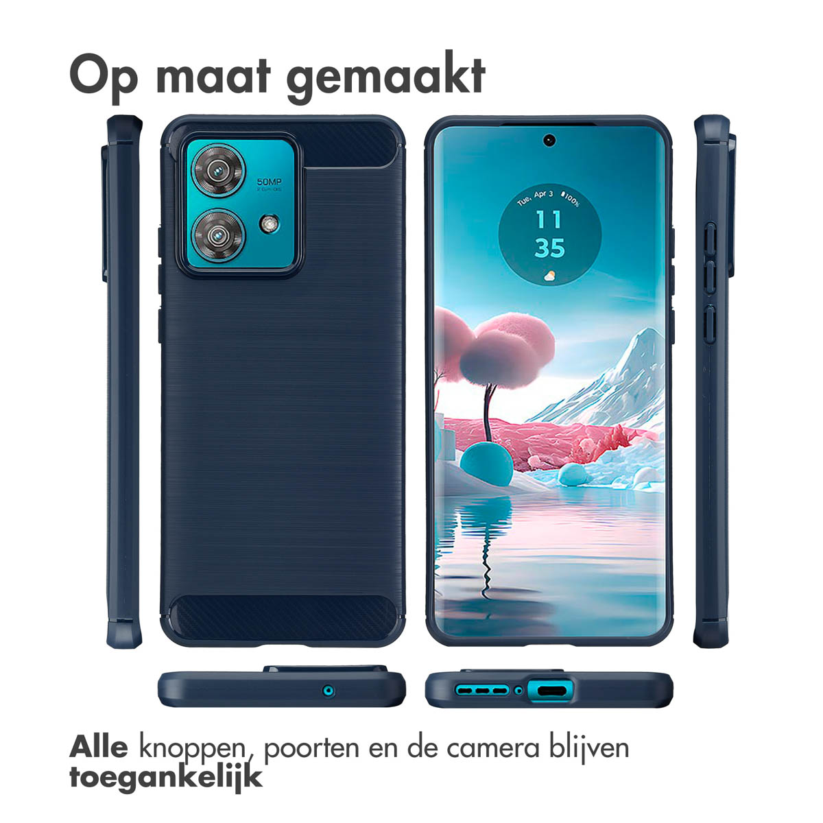 Marineblauwe telefoonhoes toont de achterkant met camera en scherm met klok.
