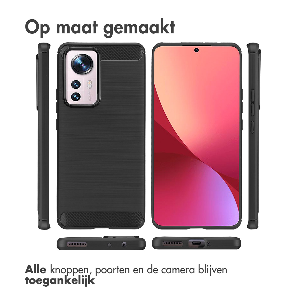 Coque de téléphone noire avec différentes vues, montrant caméra et boutons.