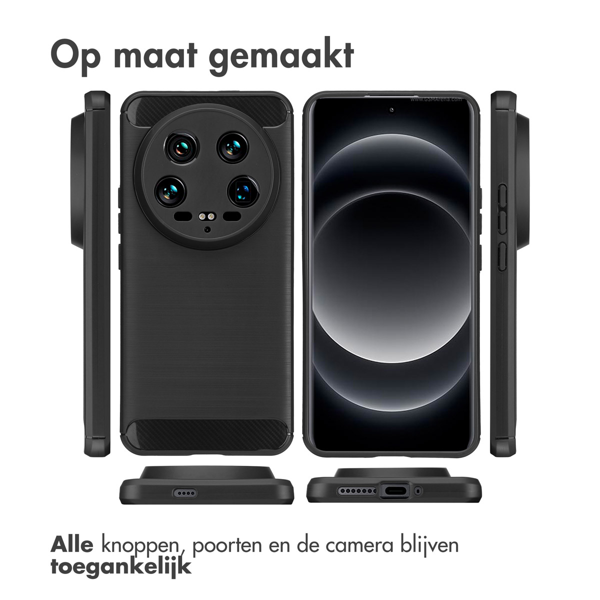 Telefono nero con più fotocamere, mostrato da diverse angolazioni.