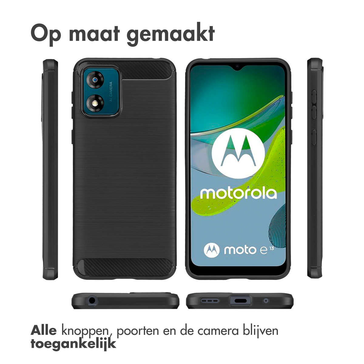 Een zwarte telefoonhoes met een telefoon erin. De telefoonhoes wordt vanuit verschillende hoeken getoond.