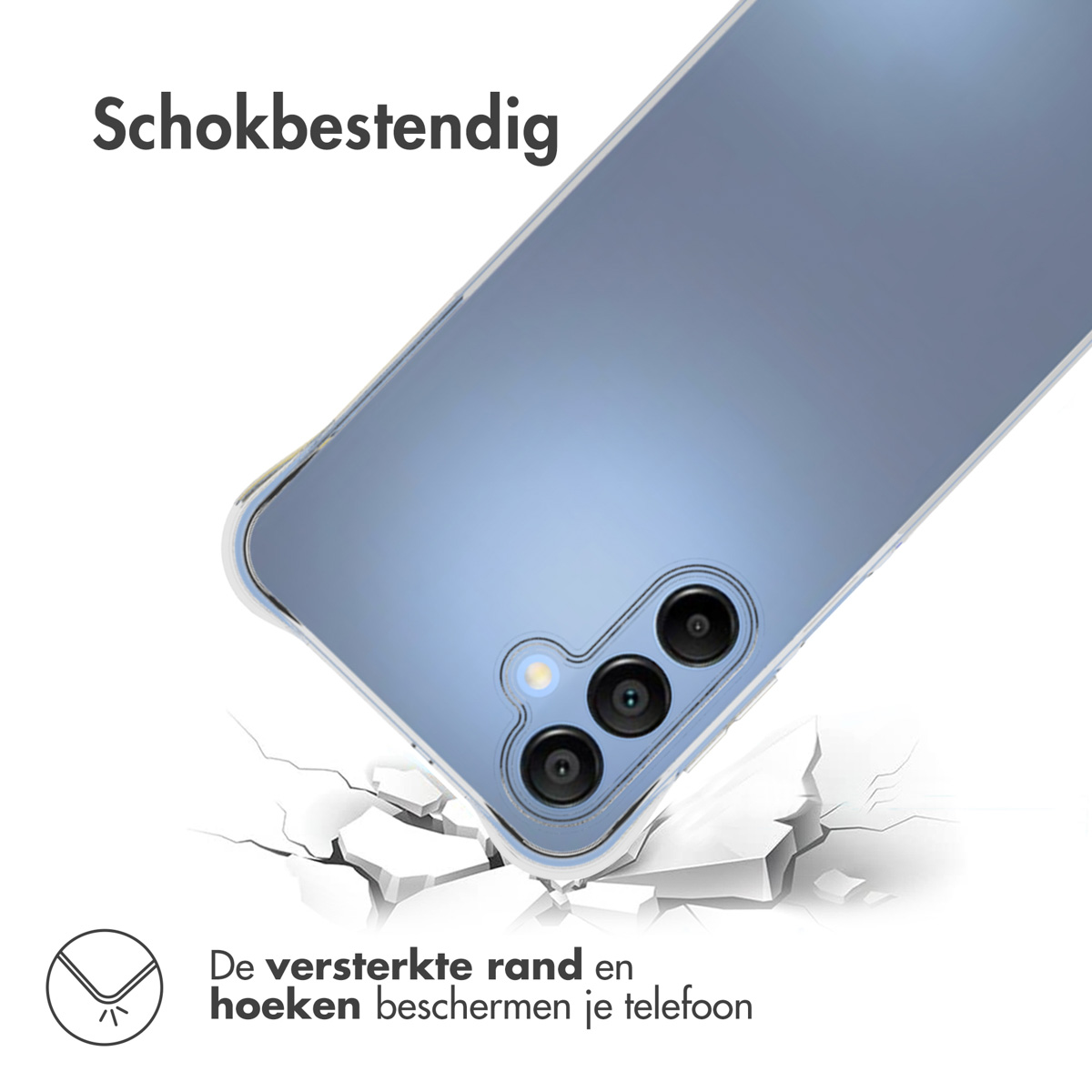 Een telefoonhoesje ligt op een oppervlak, dat de bescherming van de telefoon tegen impact aantoont. Tekst 'Schokbestendig' is zichtbaar.