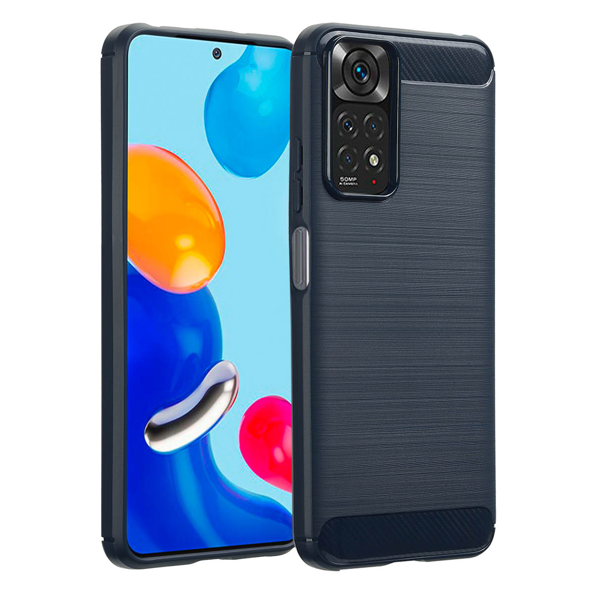 Coque de téléphone bleu foncé sur un téléphone. La coque a un dos texturé et une bosse de caméra.