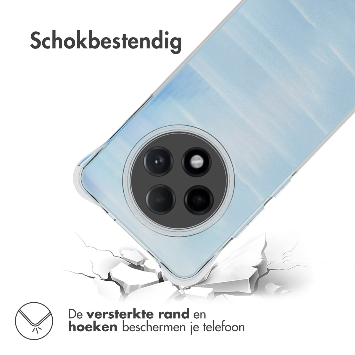 Ein Telefon in einer Hülle, das fällt und den Boden zerbricht. Die Hülle ist klar, und das Telefon hat mehrere Kameras.