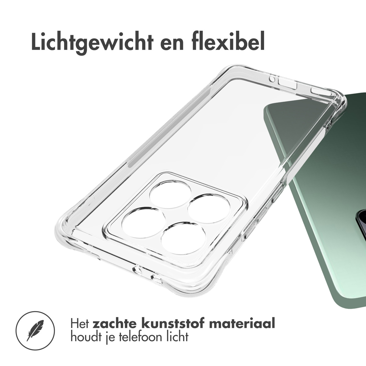 Une coque de téléphone transparente sur un téléphone, avec du texte sur le matériau léger.