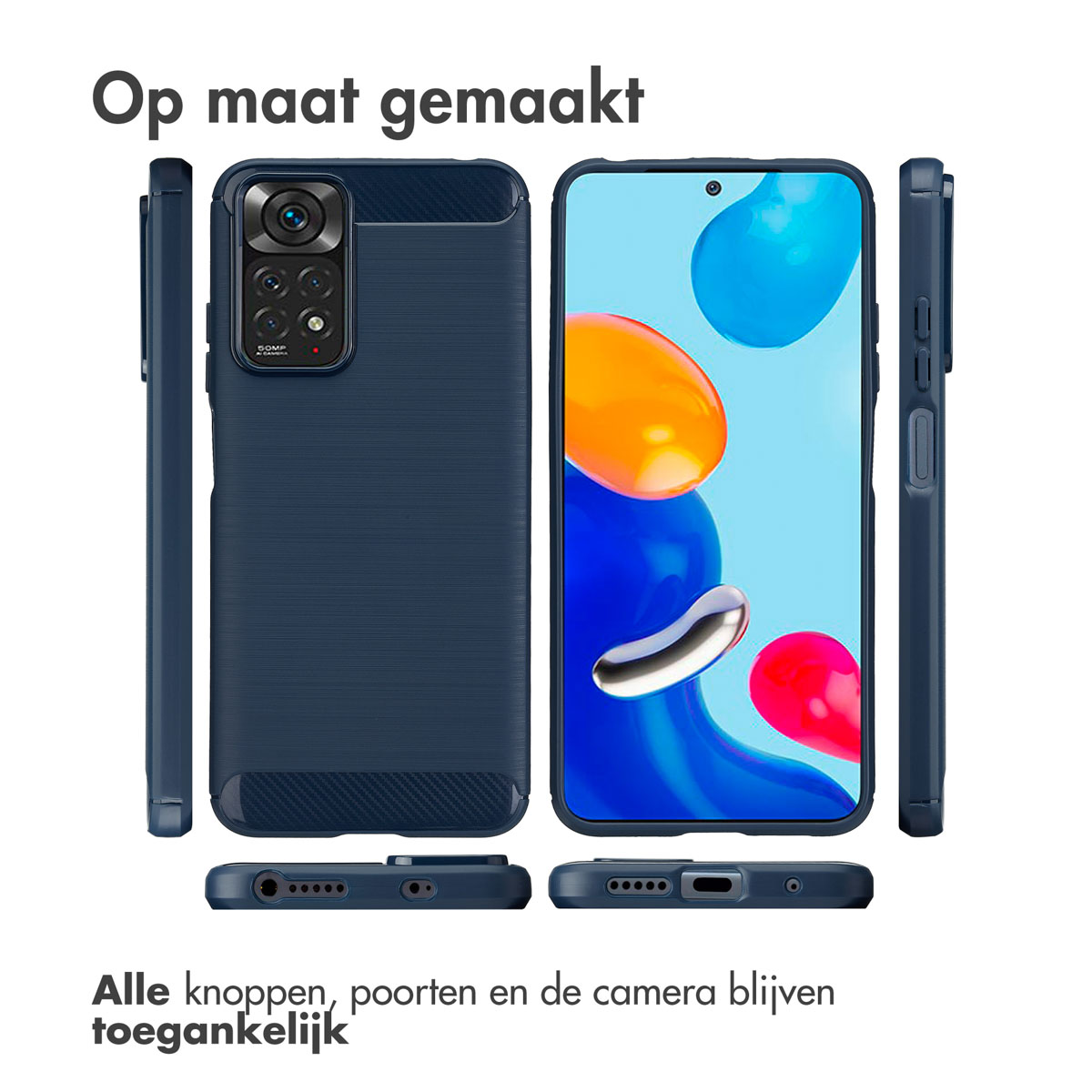 Une coque de téléphone bleue montrant des vues du téléphone sous plusieurs angles avec superposition de texte.