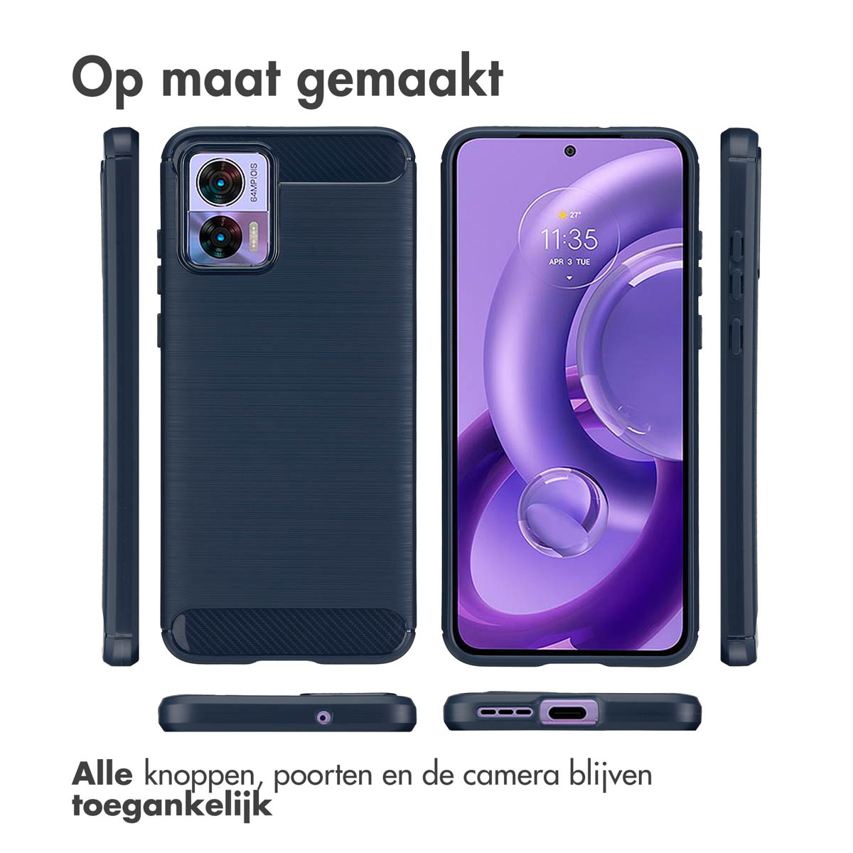 Een telefoonhoesje met een telefoon erin, met de voor- en zijkanten.