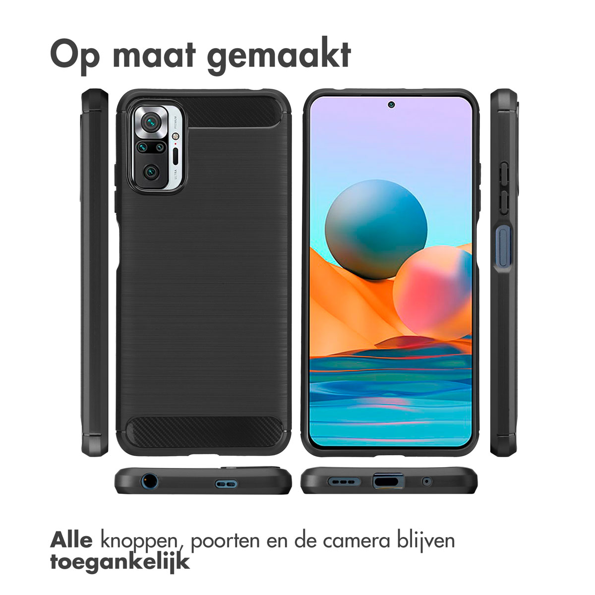 Zwarte telefoonhoes met telefoon, meerdere weergaven, tekst: 'Alle knoppen, poorten en de camera blijven toegankelijk'.
