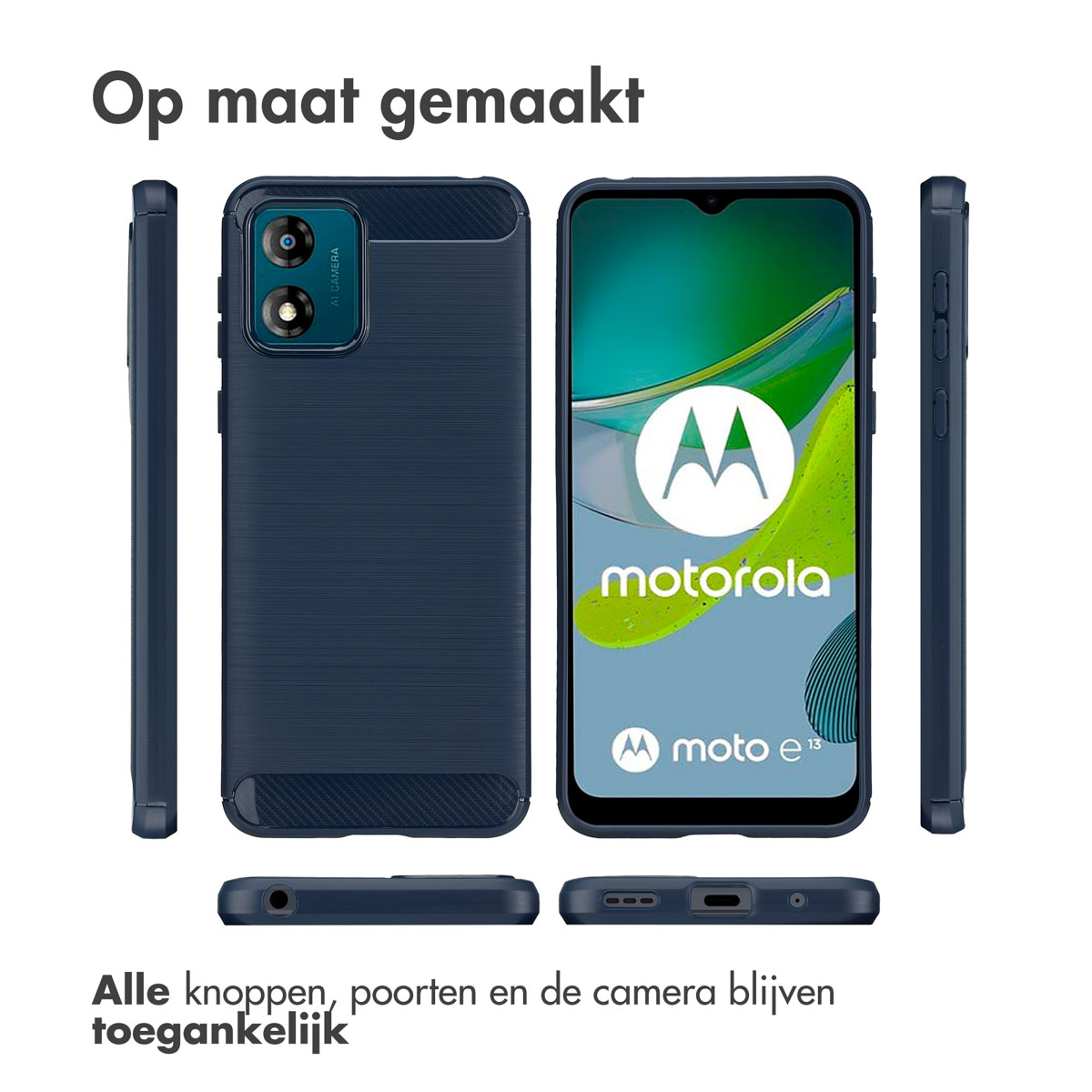Marineblauwe Motorola telefoonhoes met een getextureerde achterkant, alle poorten en camera zijn toegankelijk.