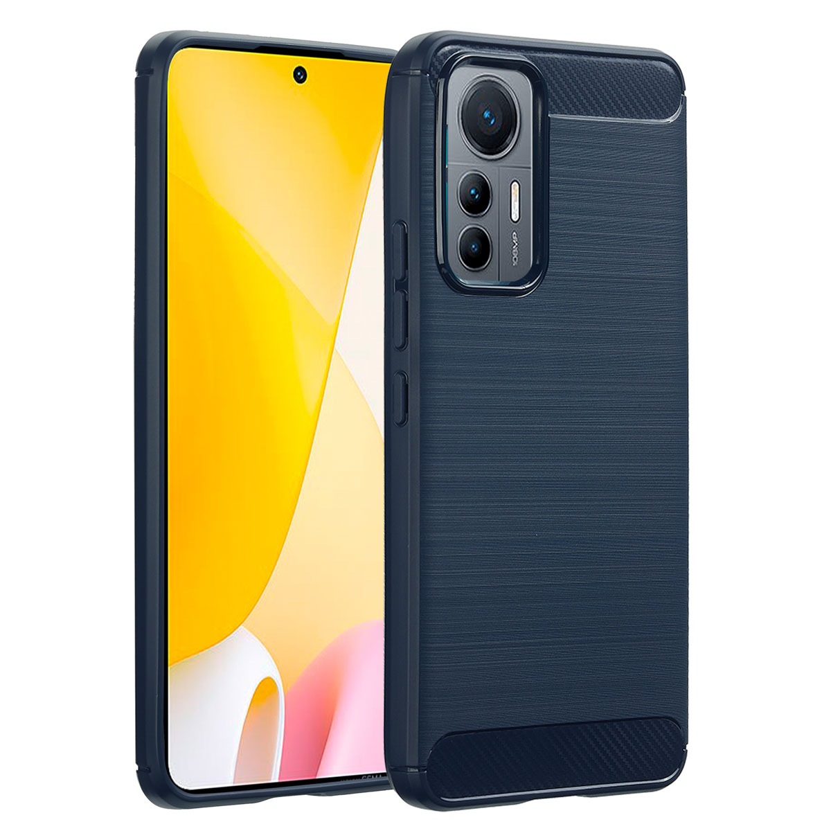 Coque de téléphone bleue avec un téléphone à l'intérieur, montrant l'écran.