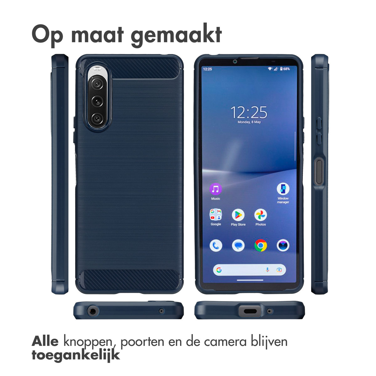 Een blauwe telefoon met een blauwe hoes is geïsoleerd op wit met tekst.