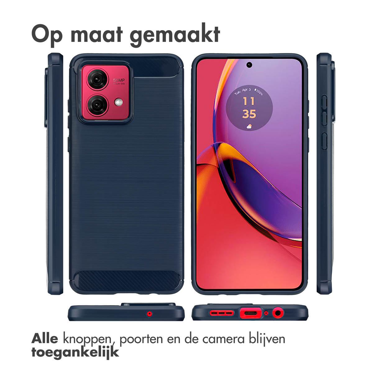 Telefoonhoesjes set, marineblauw met telefoonafbeeldingen, knoppen, poorten en camera toegankelijk.