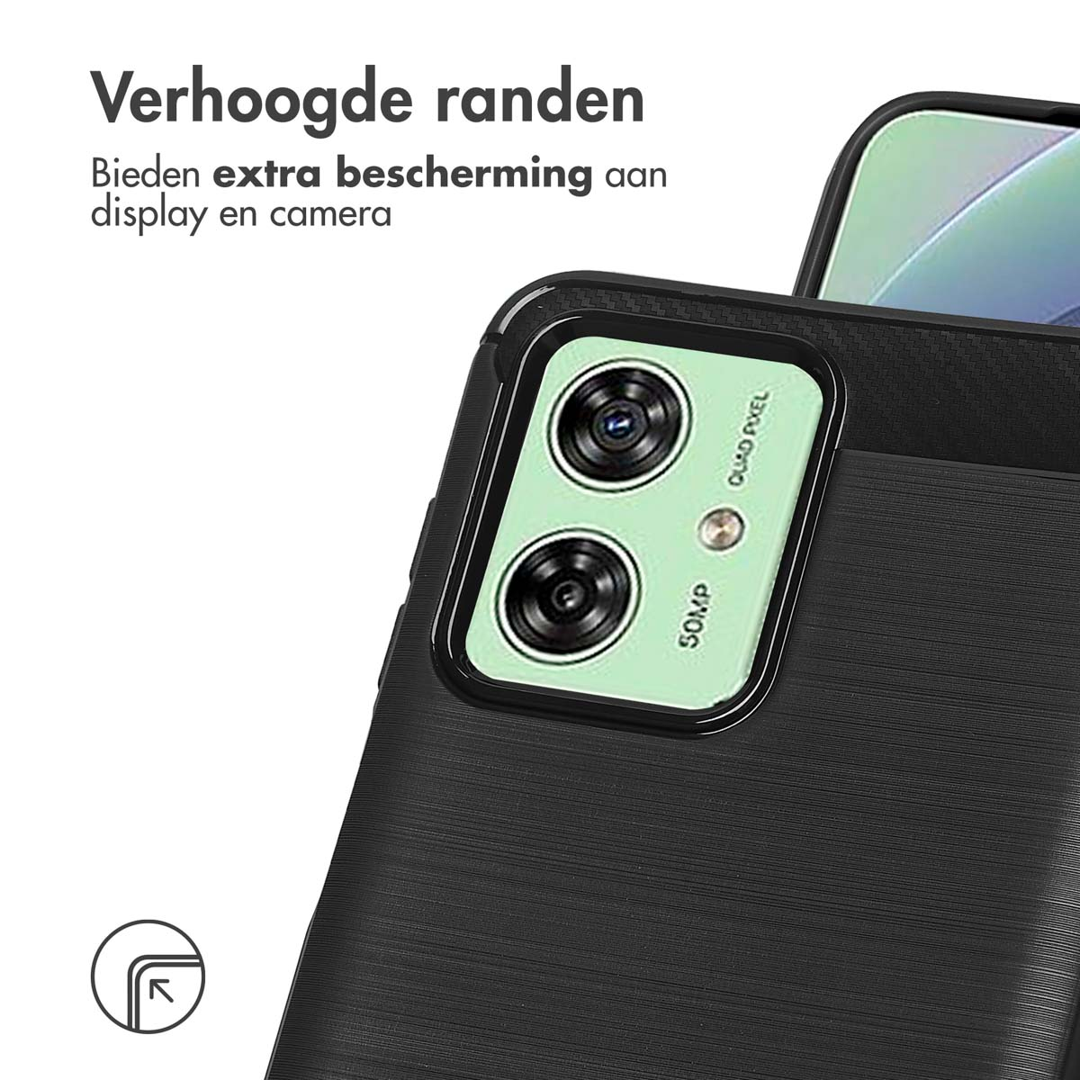 Zwarte telefoonhoes met camerabult. De telefoon heeft een groene cameraborder.