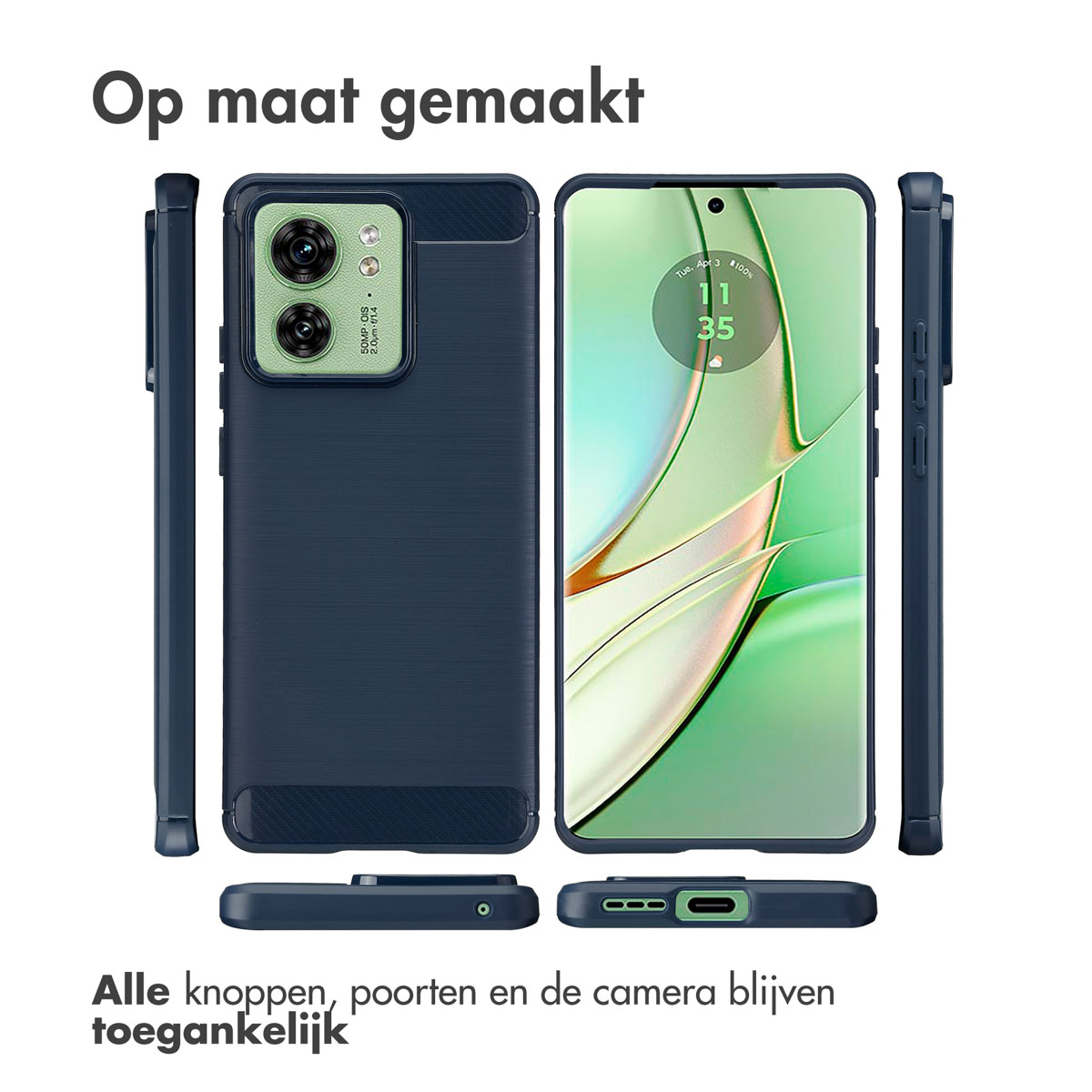 Een telefoonhoesje met de telefoon erin, met de achter-, zij- en voorkant van de hoes.