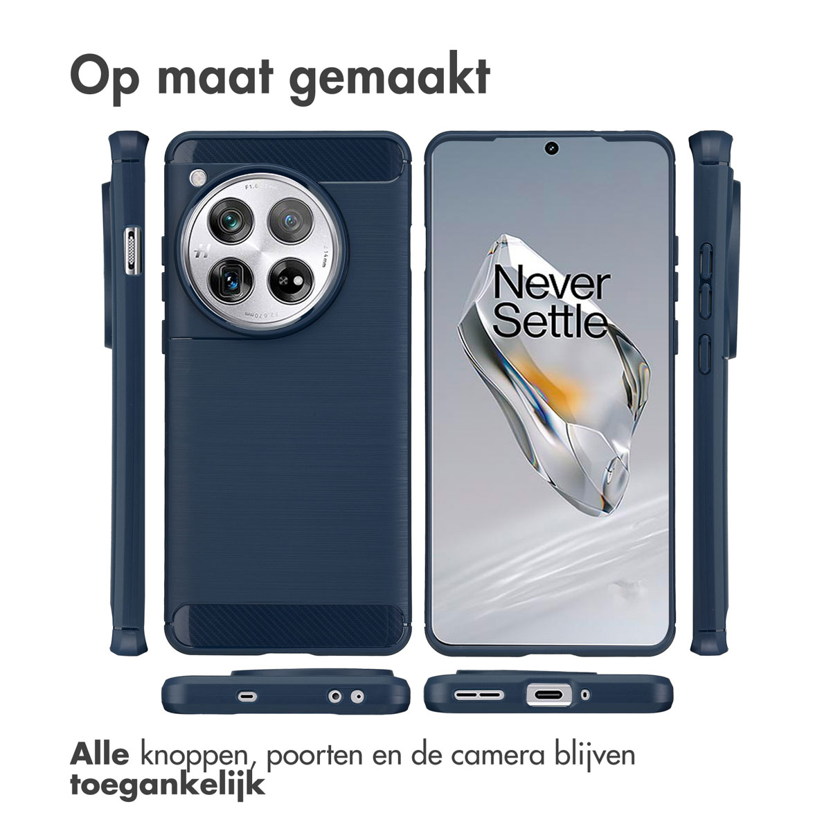Custodia blu navy che mostra le caratteristiche del telefono. Multiple viste mostrano la custodia e il telefono.