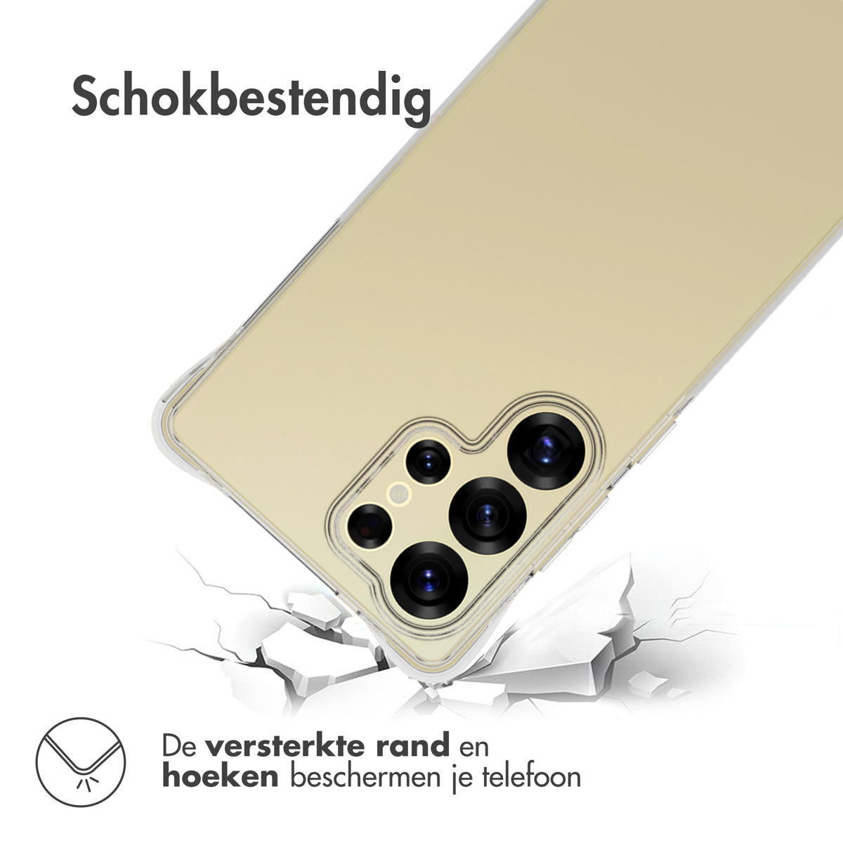 Un telefono con una custodia che cade. La custodia è trasparente, con crepe visibili.