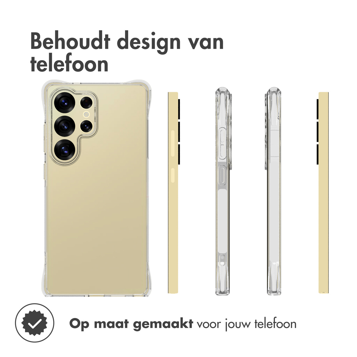 Telefono con custodia trasparente. Viste laterali. Testo: Mantiene il design del telefono. Sfondo bianco.