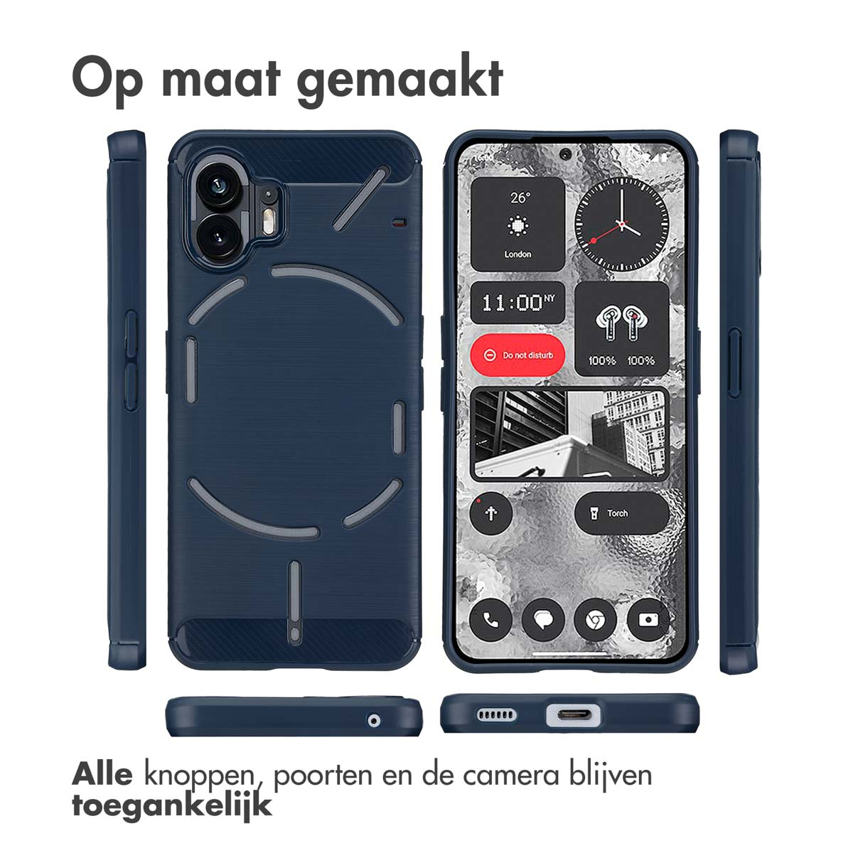 Molteplici viste di una custodia blu per telefono. Il testo dice che tutti i pulsanti, le porte e la fotocamera rimangono accessibili.
