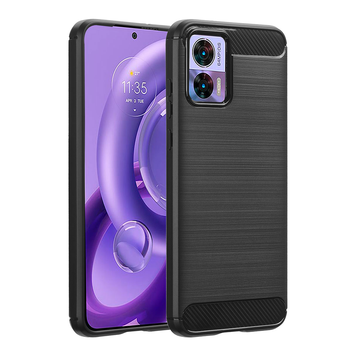 Zwarte telefoonhoes met een telefoon erin. De telefoon toont tijd en een paars scherm.
