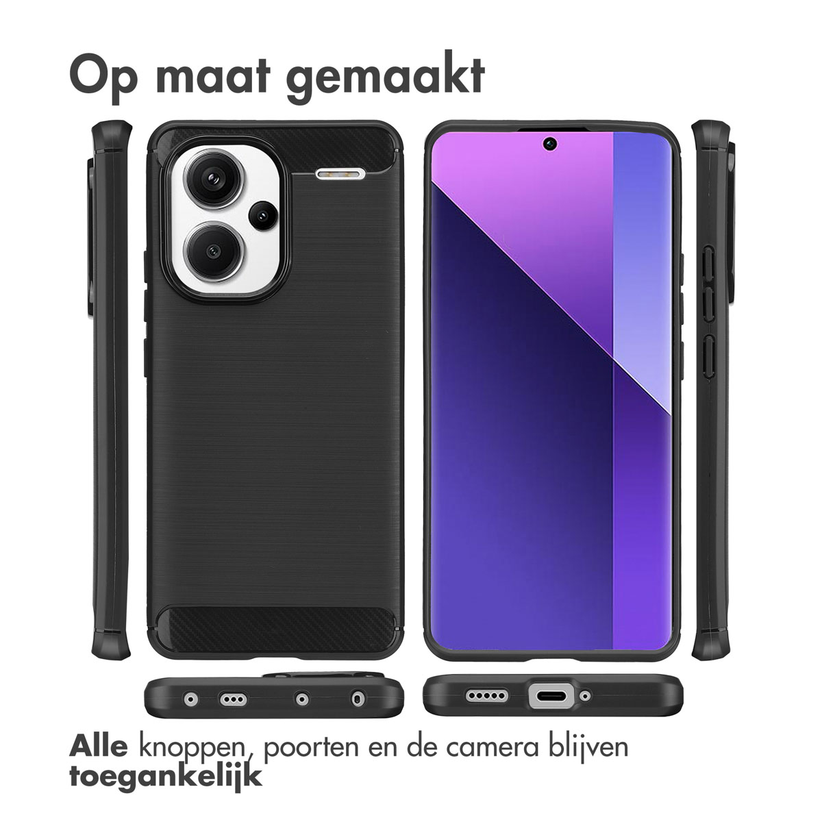 Een zwarte telefoonhoes met een getextureerde achterkant en camera-uitsparing. Meerdere weergaven.
