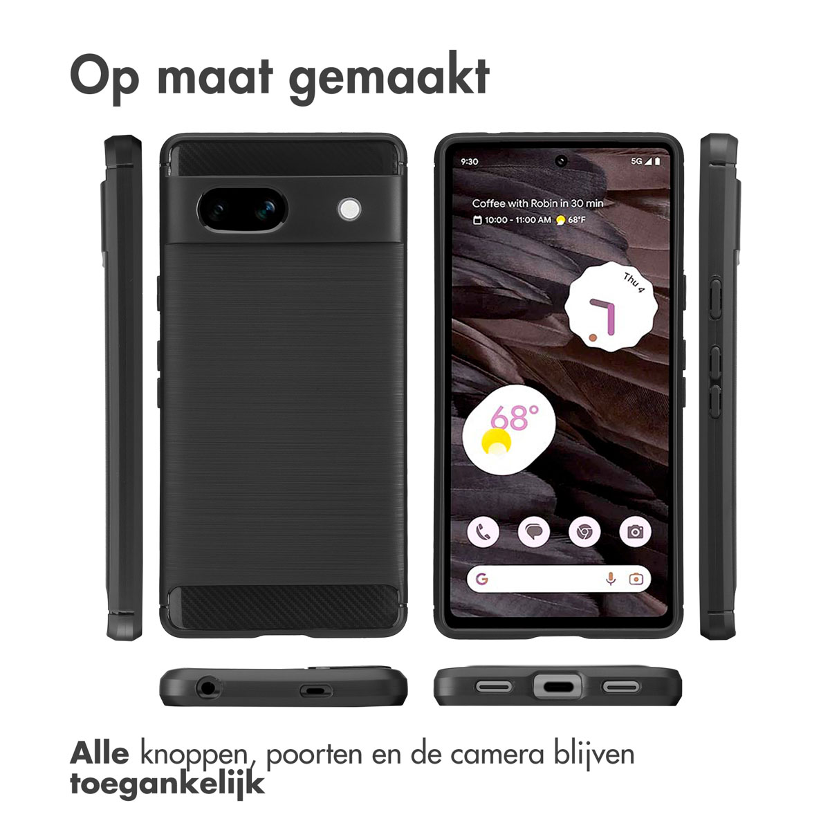 Custodia per telefono nera su sfondo bianco, diverse viste che mostrano le porte e la fotocamera.