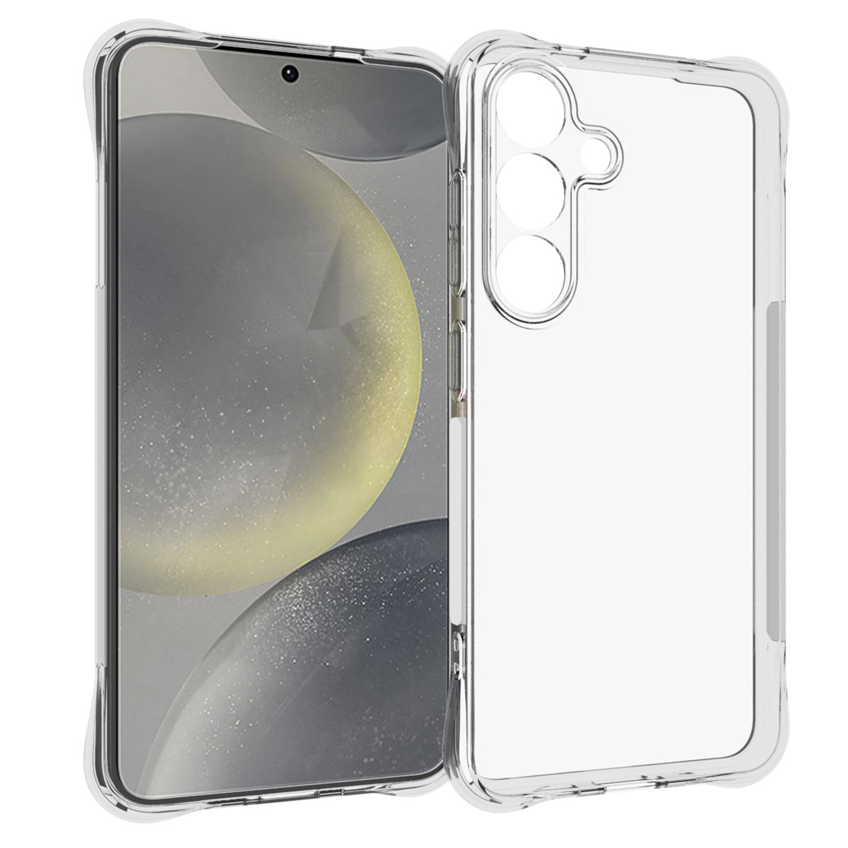 Transparante telefoonhoes op een telefoon. De telefoon toont een wazige afbeelding van een grijze en witte achtergrond.