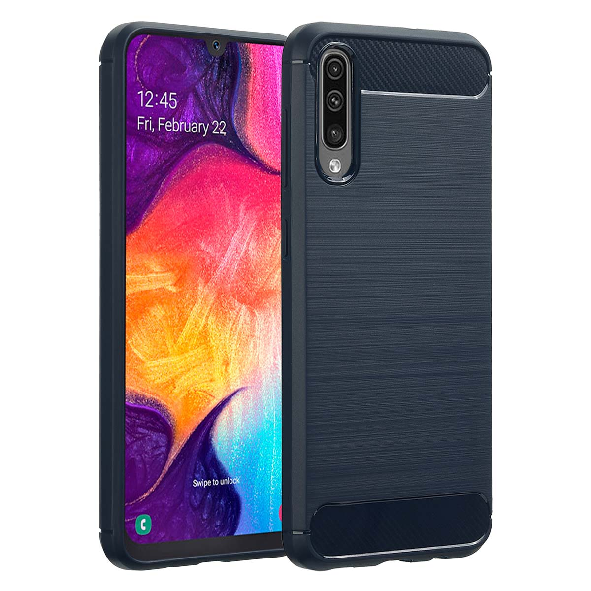 Een telefoon in een donkerblauwe hoes. Het telefoonscherm toont een afbeelding. De hoes heeft een textuur.