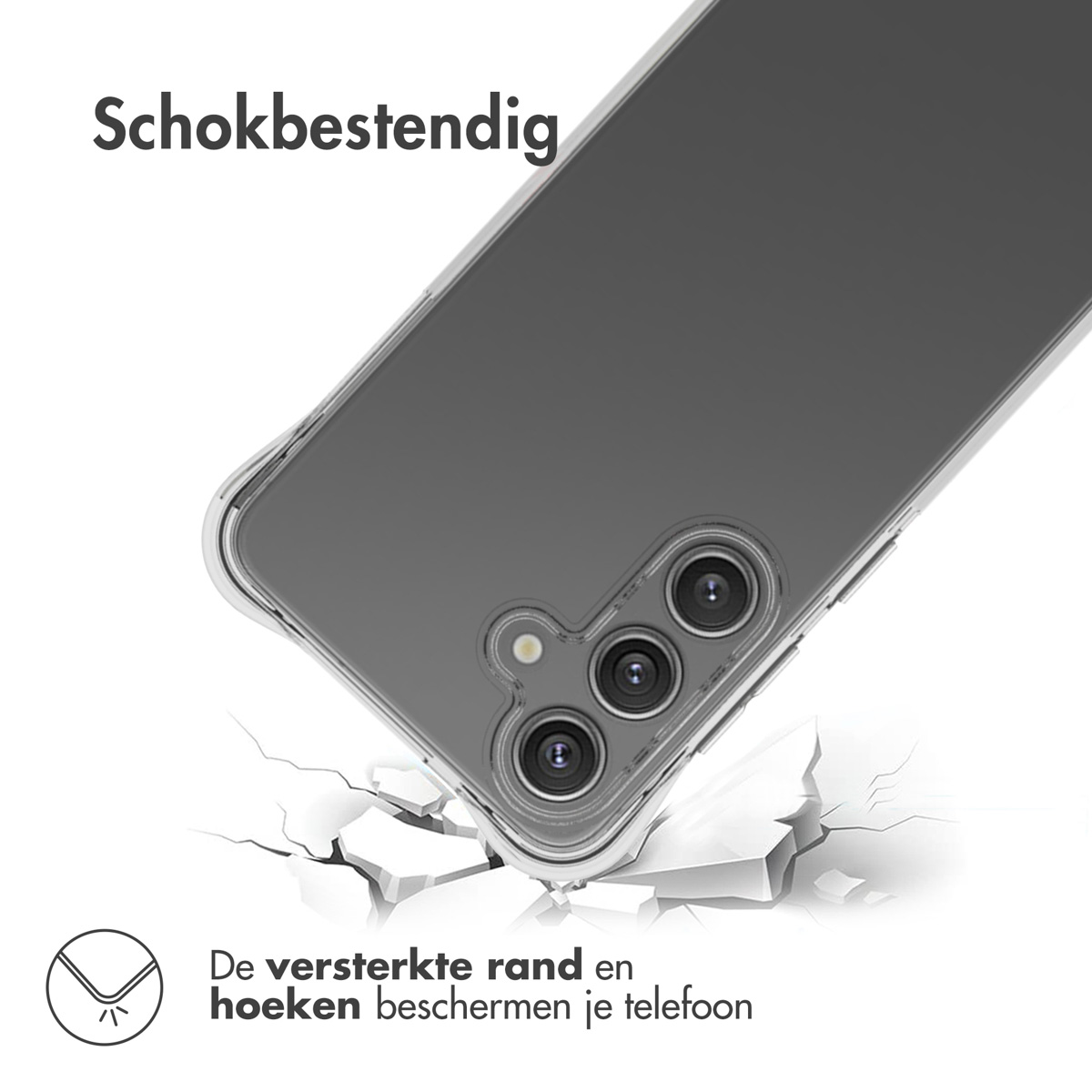 Een telefoon in een doorzichtige hoes, die valt en de grond kraakt. De telefoon heeft meerdere camera's.