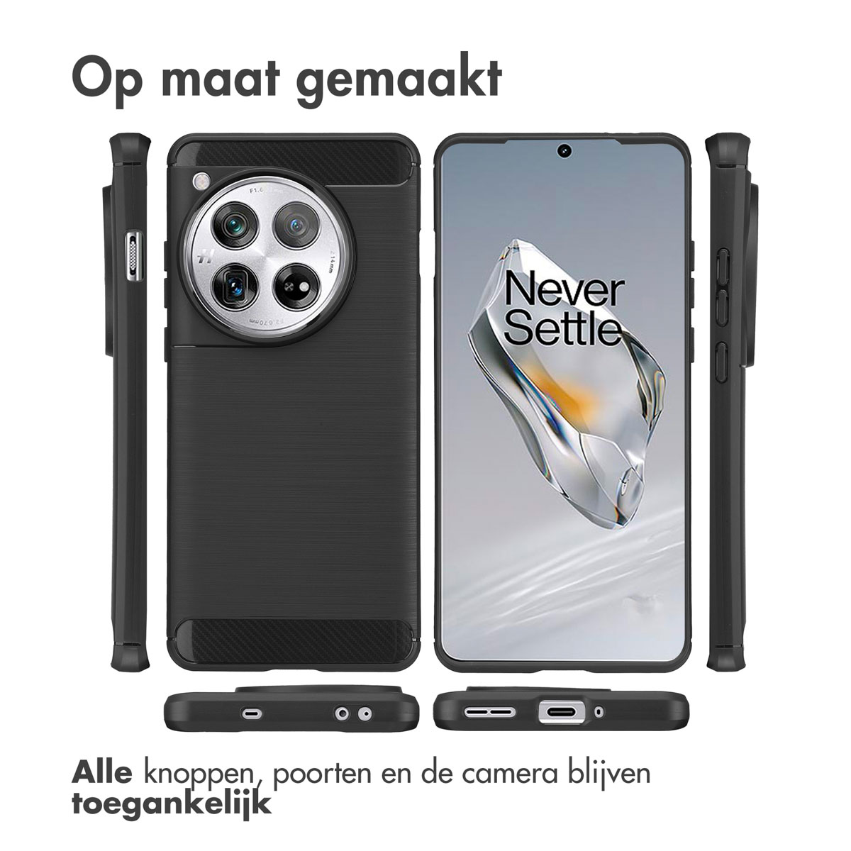 Custodia per telefono con un telefono dentro. La custodia è nera, con fotocamera e pulsanti visibili.