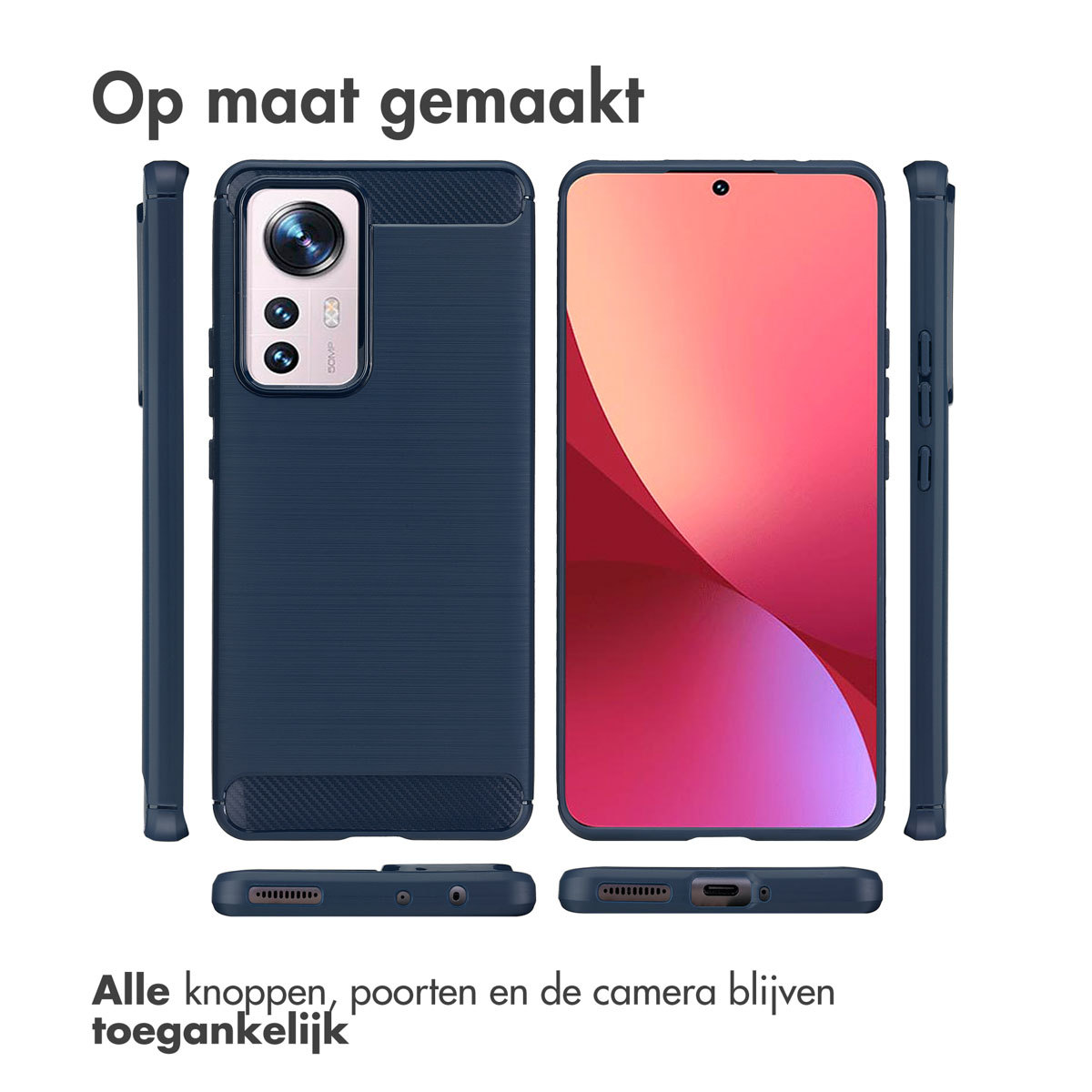 Een donkerblauwe telefoonhoes met een telefoon erin, die het scherm van de telefoon en zijaanzichten toont.