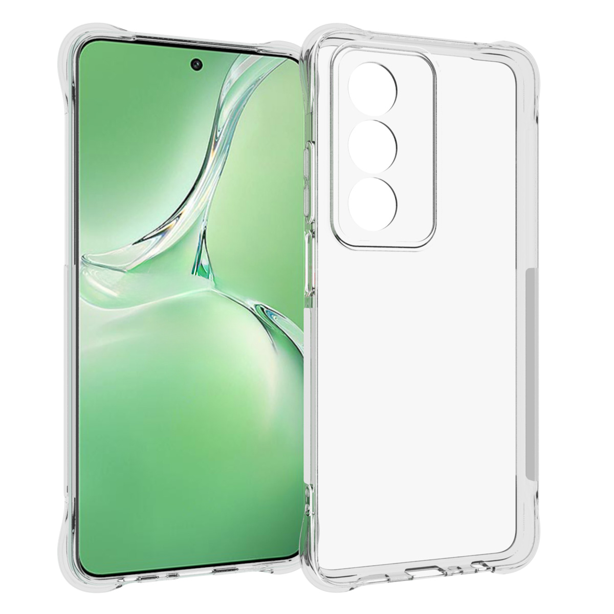 Een doorzichtige telefoonhoes naast een smartphone met een groen scherm.