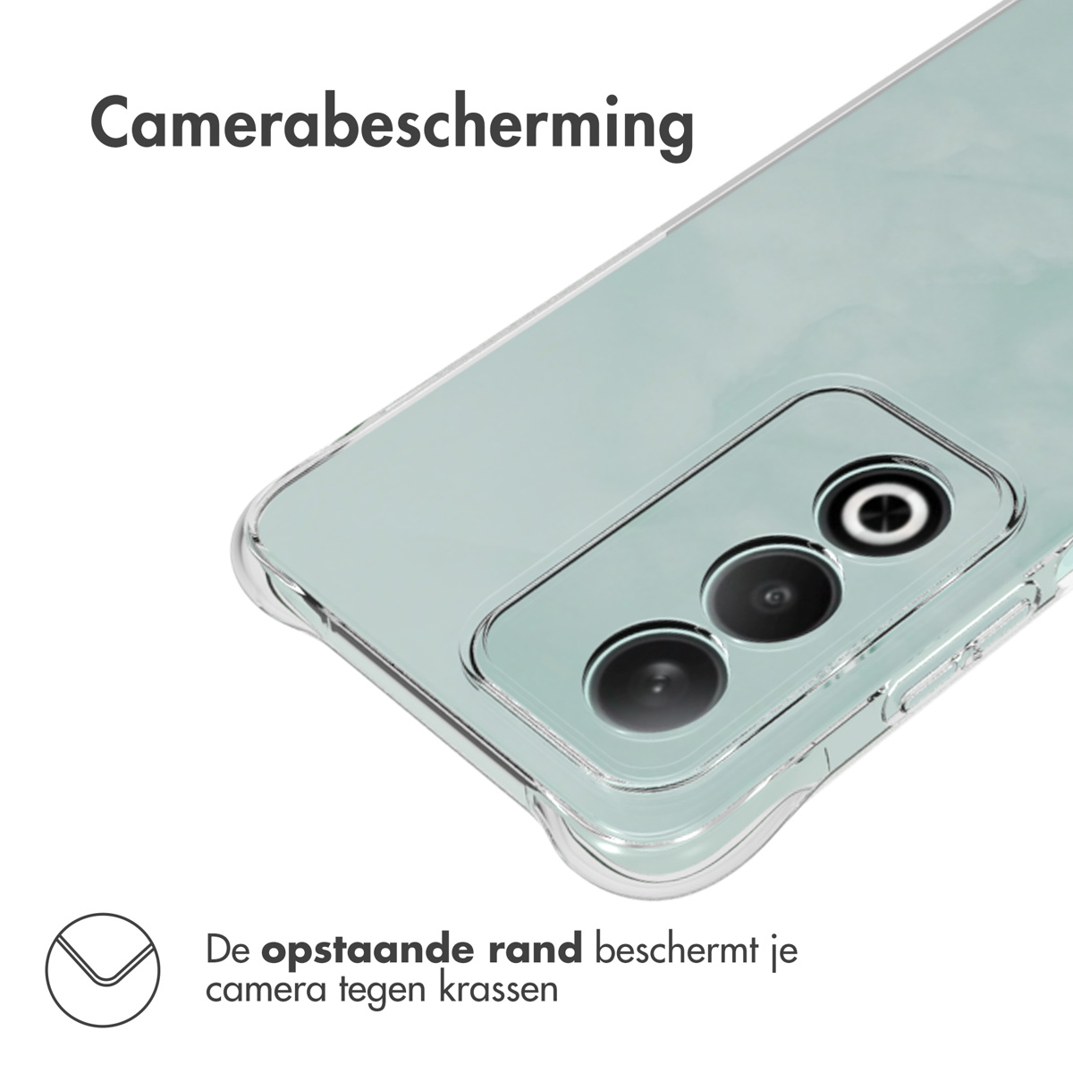 Een telefoon in een doorzichtige hoes. De hoes beschermt de camera en de telefoon is mintgroen.