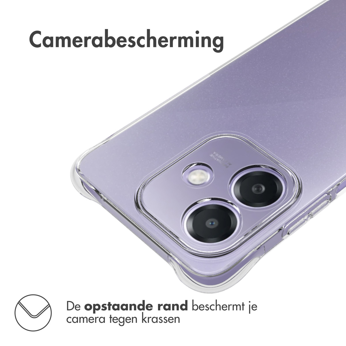 Une coque de téléphone, montrant la fonction de protection de l'appareil photo, avec du texte.