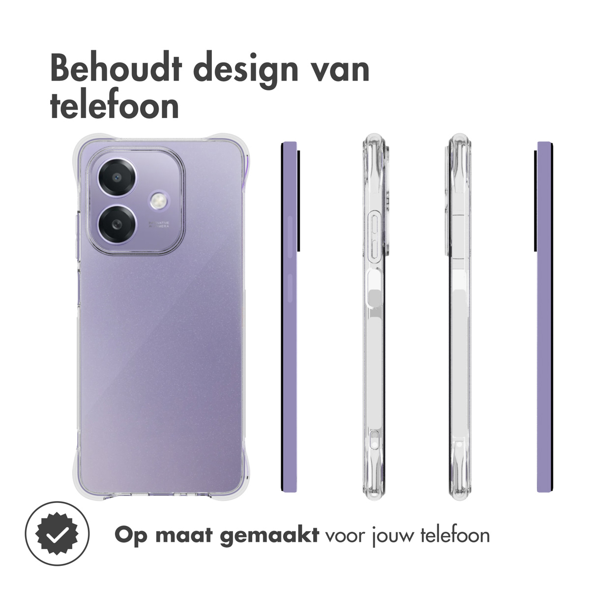 Un téléphone violet dans un étui transparent. Les images montrent le téléphone sous différents angles. Texte : Maintient le design.
