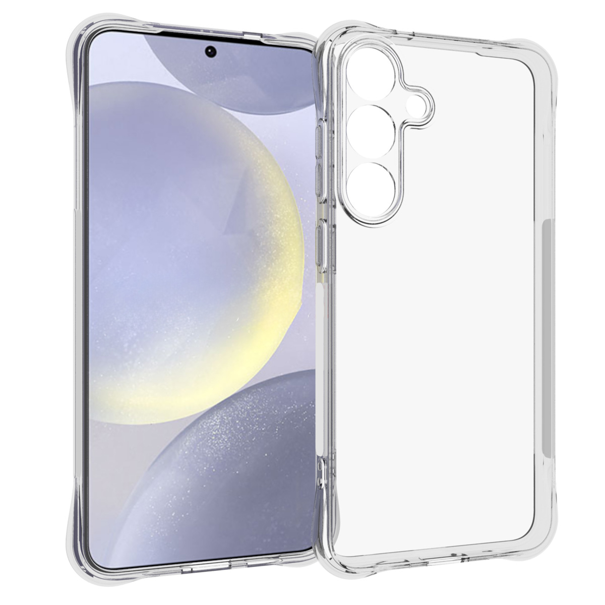 Coque de téléphone transparente avec téléphone à l'intérieur, montrant l'appareil photo et le design.
