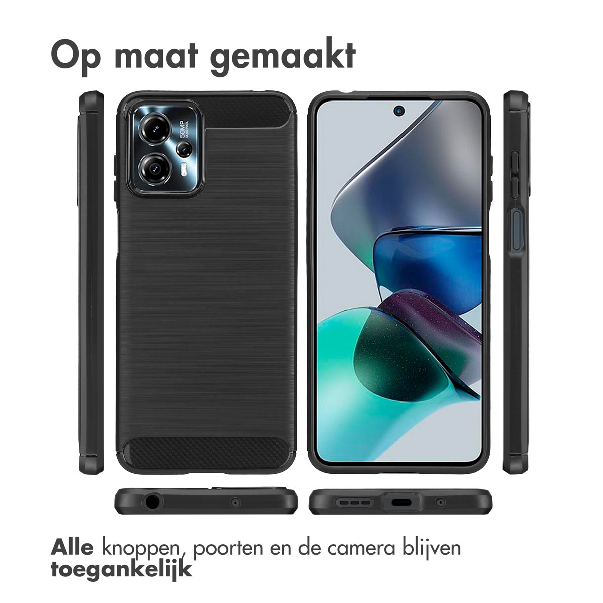 Coque de téléphone avec téléphone à l'intérieur. Plusieurs vues montrent l'étui et les détails du téléphone.