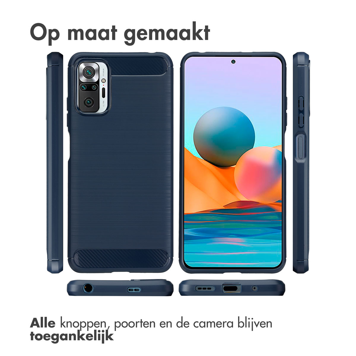 Coque de téléphone bleu marine avec dos texturé, ports et appareil photo accessibles.