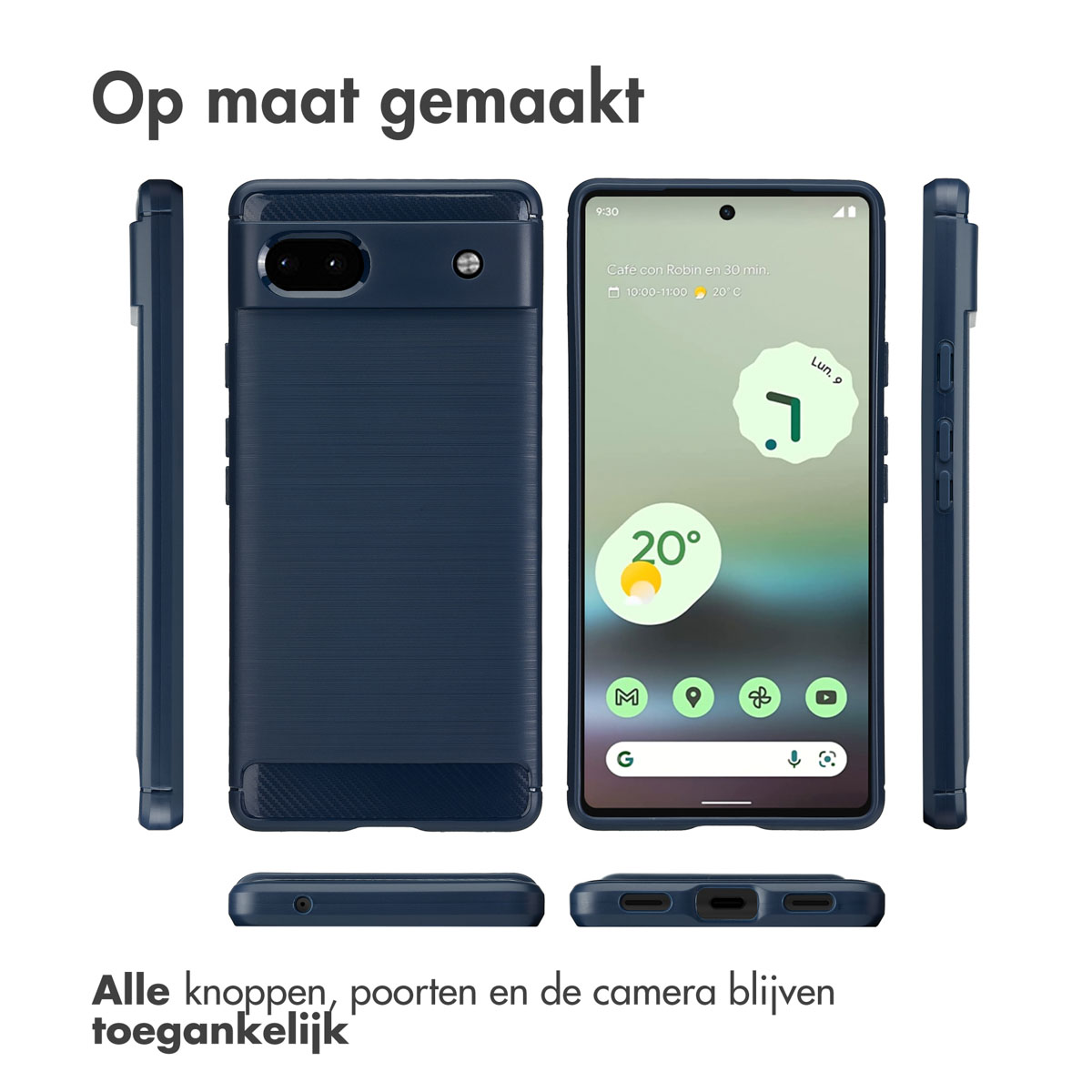 Blaue Handyhülle mit Handy, zeigt alle Seiten, mit Text auf Niederländisch.