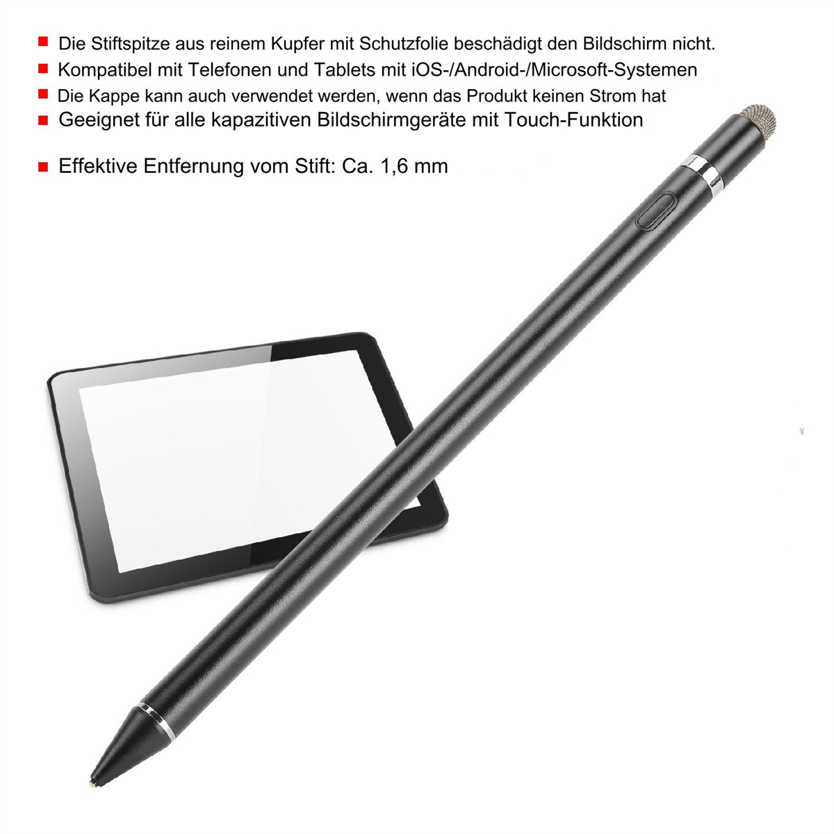 Ein schwarzer Stift und Tablet. Text hebt die Eigenschaften des Stifts hervor.