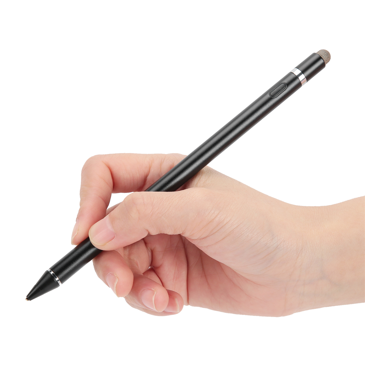 Eine Hand, die einen schwarzen Eingabestift mit silbernem Akzent vor weißem Hintergrund hält.