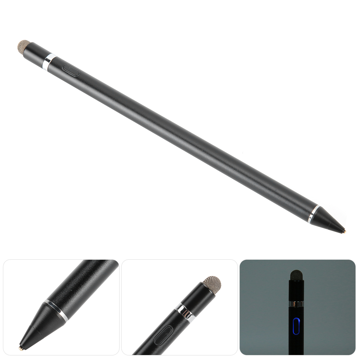 Schwarzer Eingabestift mit Silberring und Netzspitze. Nahaufnahmen von Spitze und Taste.